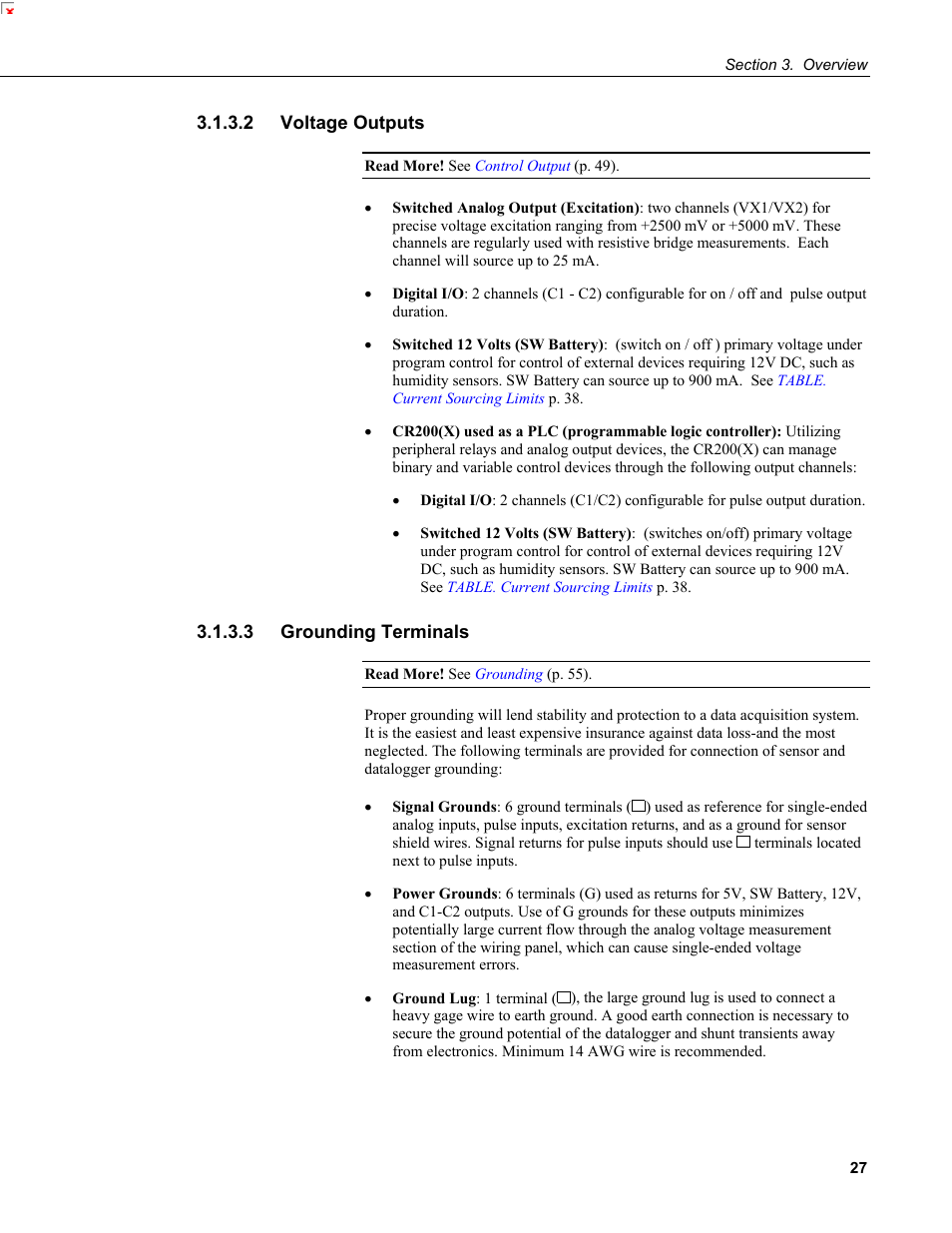 2 voltage outputs, 3 grounding terminals | Campbell Scientific CR200/CR200X-series Dataloggers User Manual | Page 39 / 208