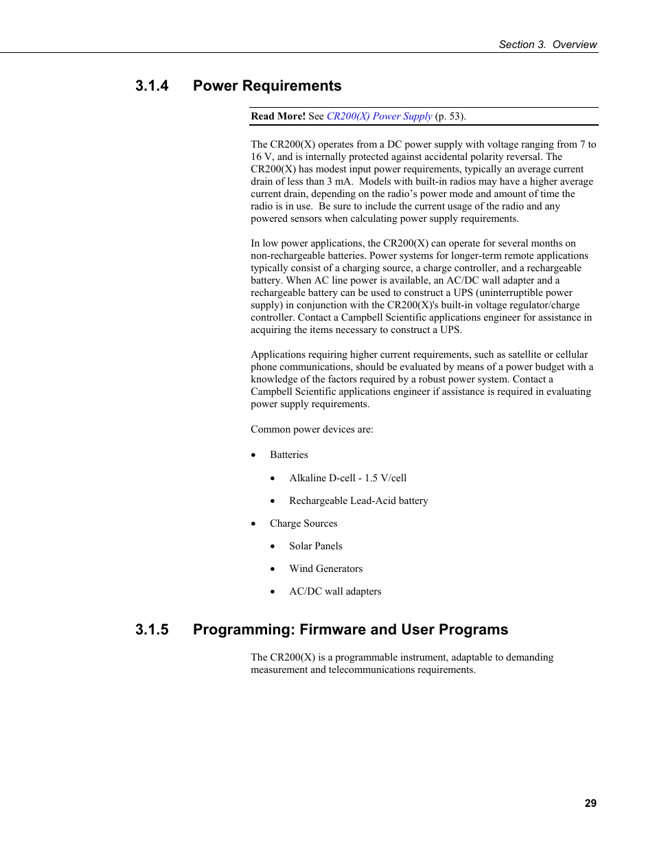 4 power requirements, 5 programming: firmware and user programs | Campbell Scientific CR200/CR200X-series Dataloggers User Manual | Page 41 / 208