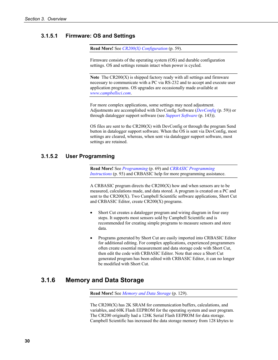 1 firmware: os and settings, 2 user programming, 6 memory and data storage | Campbell Scientific CR200/CR200X-series Dataloggers User Manual | Page 42 / 208