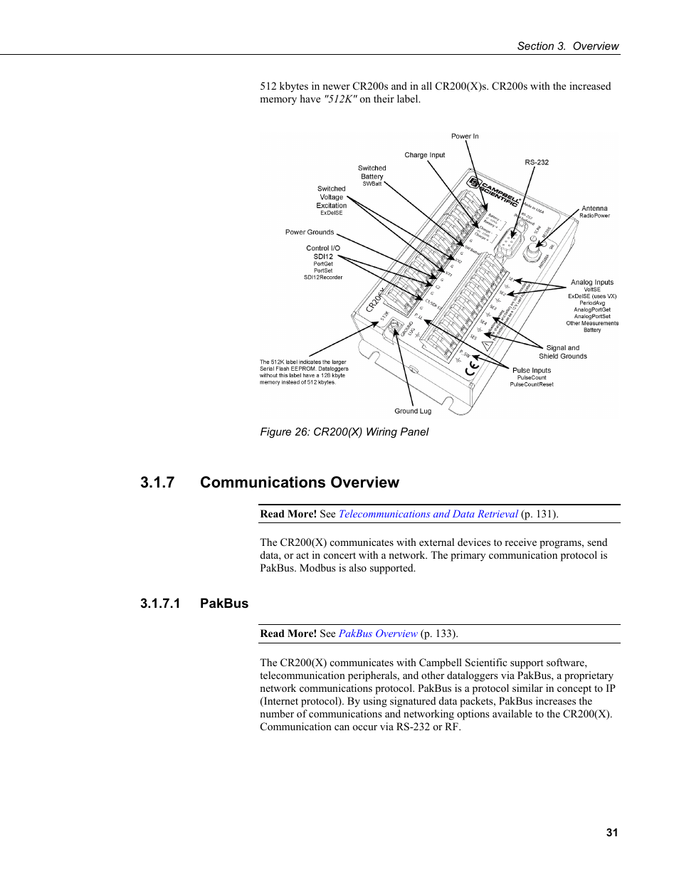 7 communications overview, 1 pakbus, Figure 26: cr200(x) wiring panel | Campbell Scientific CR200/CR200X-series Dataloggers User Manual | Page 43 / 208