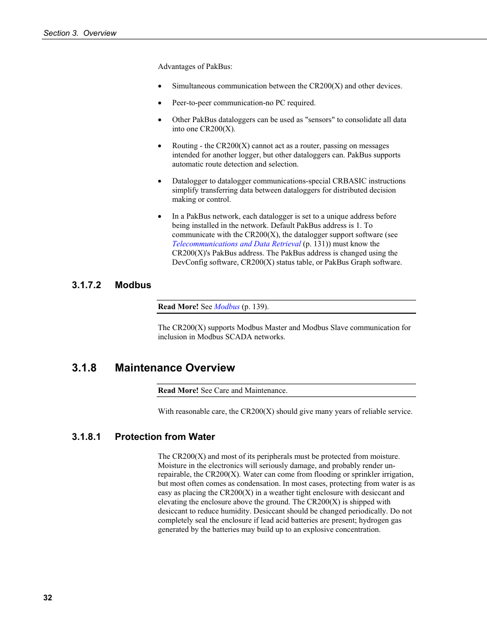2 modbus, 8 maintenance overview, 1 protection from water | Campbell Scientific CR200/CR200X-series Dataloggers User Manual | Page 44 / 208
