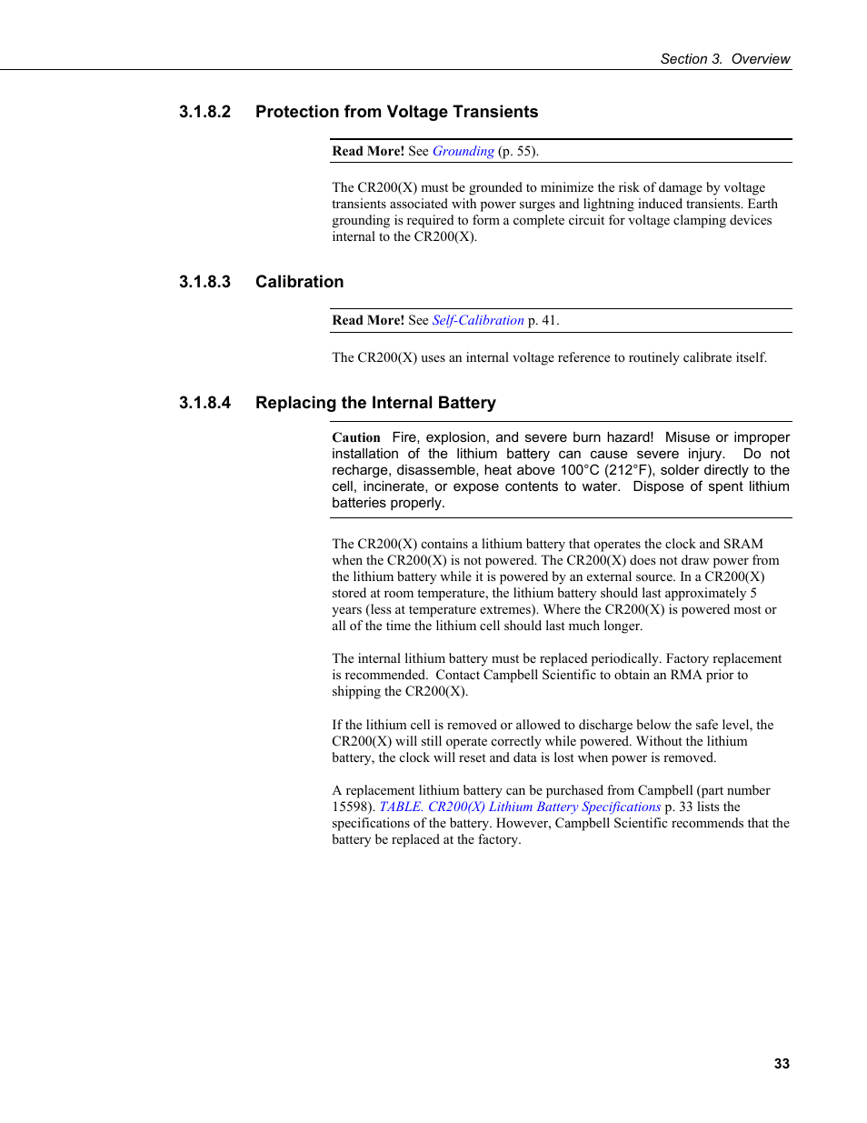 2 protection from voltage transients, 3 calibration, 4 replacing the internal battery | Campbell Scientific CR200/CR200X-series Dataloggers User Manual | Page 45 / 208