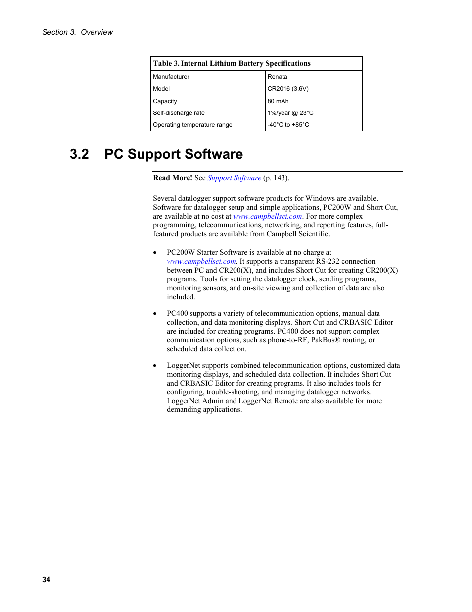 2 pc support software, Table 3. internal lithium battery specifications | Campbell Scientific CR200/CR200X-series Dataloggers User Manual | Page 46 / 208