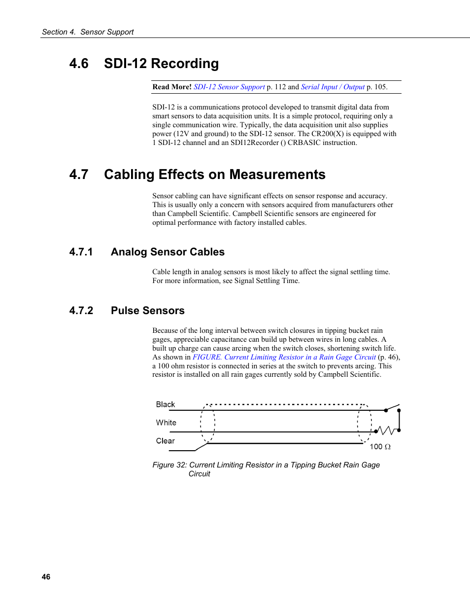 6 sdi-12 recording, 7 cabling effects on measurements, 1 analog sensor cables | 2 pulse sensors | Campbell Scientific CR200/CR200X-series Dataloggers User Manual | Page 58 / 208
