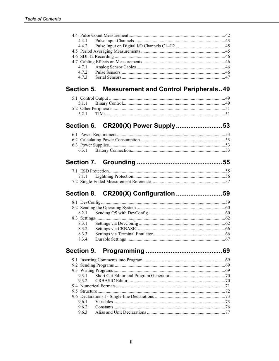 Measurement and control peripherals, Cr200(x) power supply, Grounding | Cr200(x) configuration, Programming | Campbell Scientific CR200/CR200X-series Dataloggers User Manual | Page 6 / 208