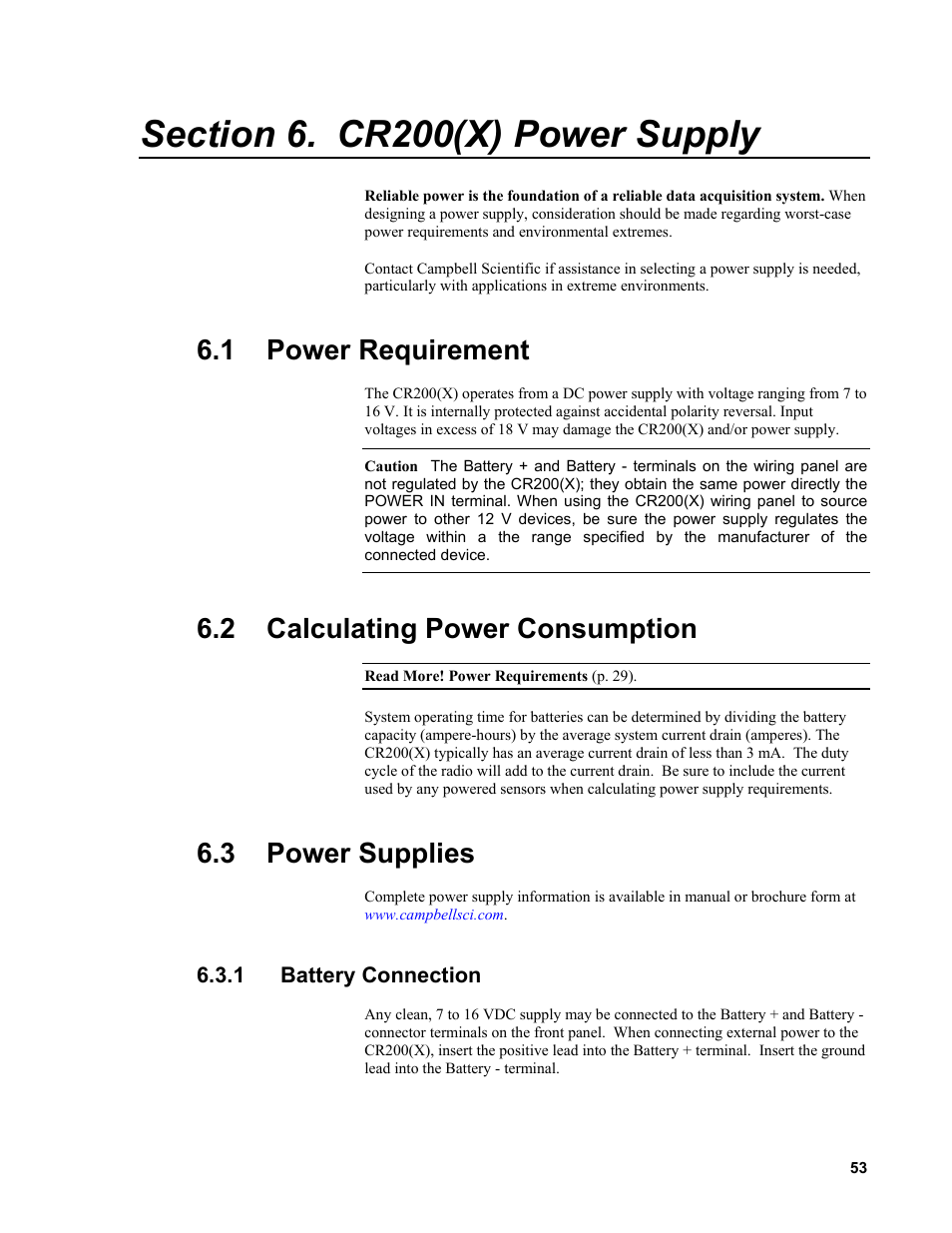 Section 6. cr200(x) power supply, 1 power requirement, 2 calculating power consumption | 3 power supplies, 1 battery connection | Campbell Scientific CR200/CR200X-series Dataloggers User Manual | Page 65 / 208