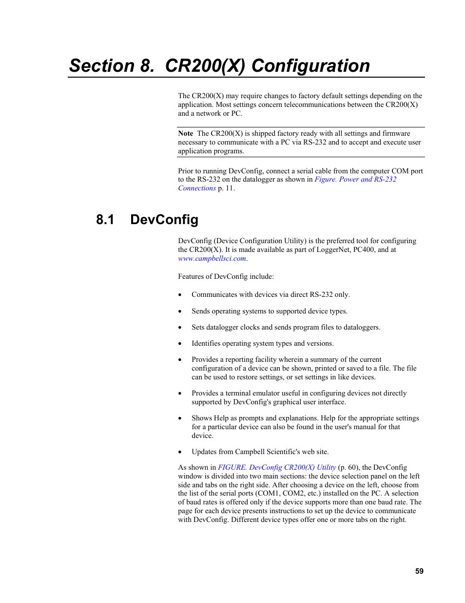 Section 8. cr200(x) configuration, 1 devconfig | Campbell Scientific CR200/CR200X-series Dataloggers User Manual | Page 71 / 208