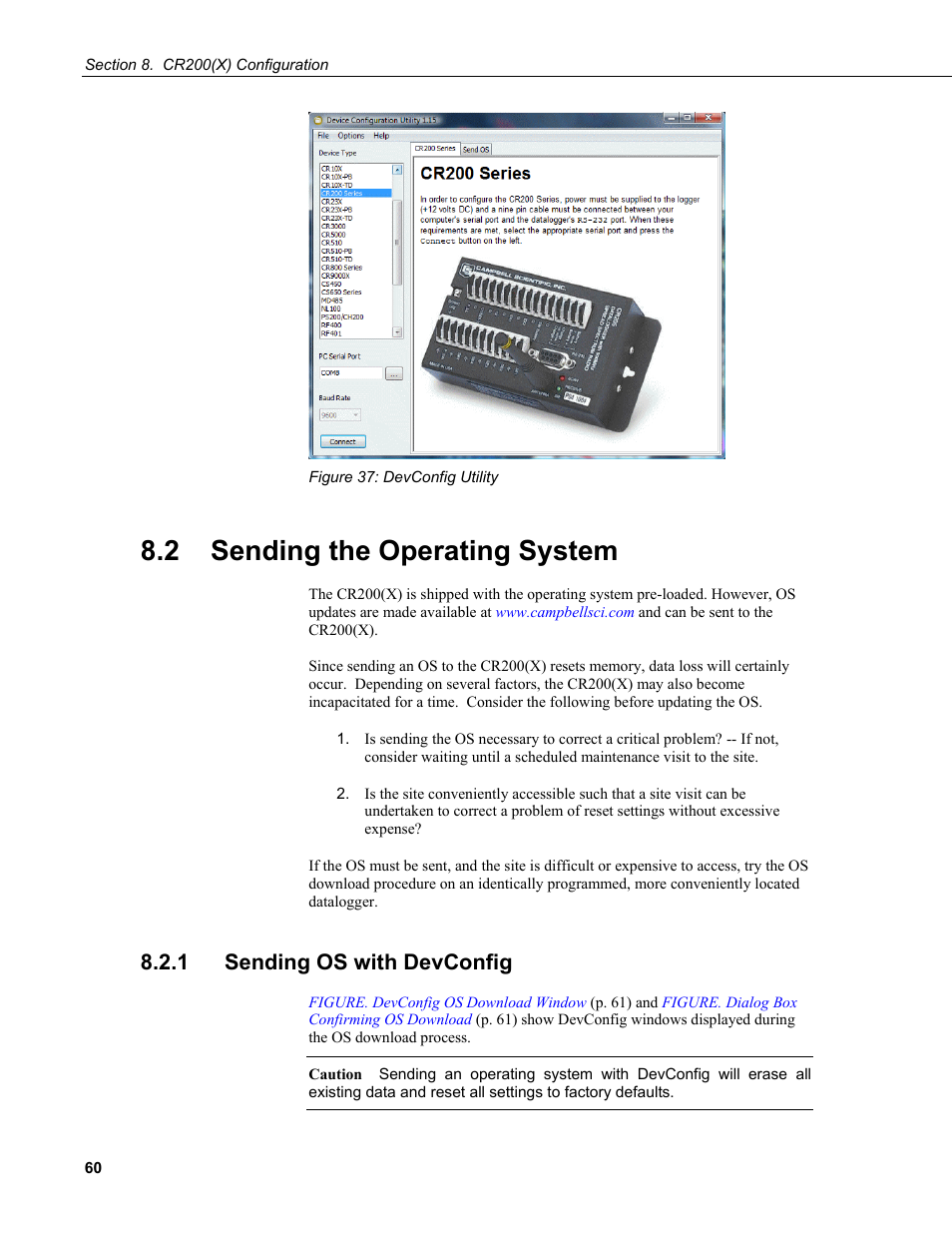 2 sending the operating system, 1 sending os with devconfig, Figure 37: devconfig utility | Campbell Scientific CR200/CR200X-series Dataloggers User Manual | Page 72 / 208