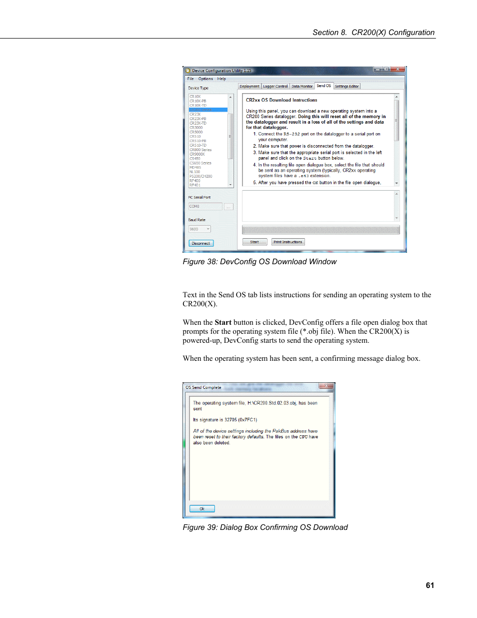 Figure 38: devconfig os download window, Figure 39: dialog box confirming os download | Campbell Scientific CR200/CR200X-series Dataloggers User Manual | Page 73 / 208