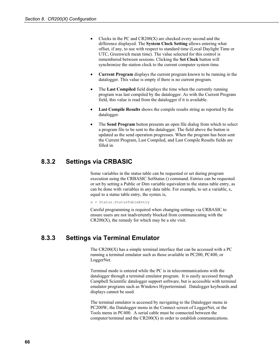 2 settings via crbasic, 3 settings via terminal emulator | Campbell Scientific CR200/CR200X-series Dataloggers User Manual | Page 78 / 208