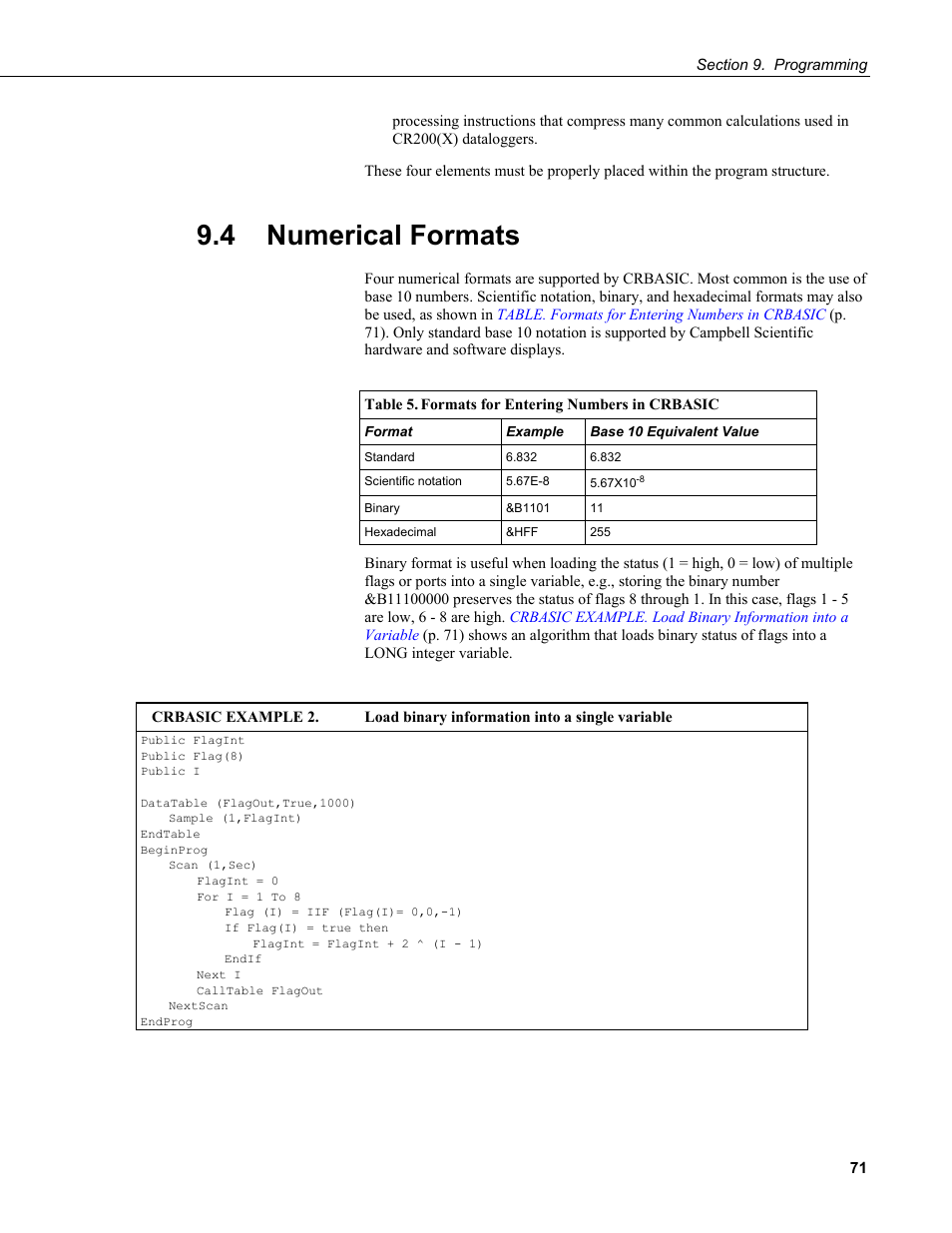 4 numerical formats, Table 5. formats for entering numbers in crbasic | Campbell Scientific CR200/CR200X-series Dataloggers User Manual | Page 83 / 208