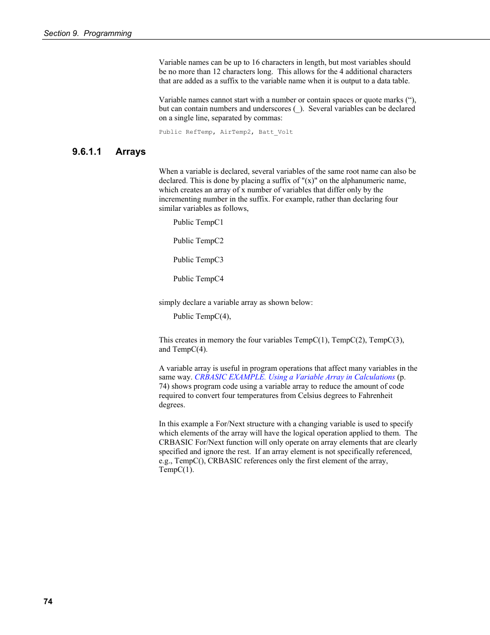1 arrays | Campbell Scientific CR200/CR200X-series Dataloggers User Manual | Page 86 / 208