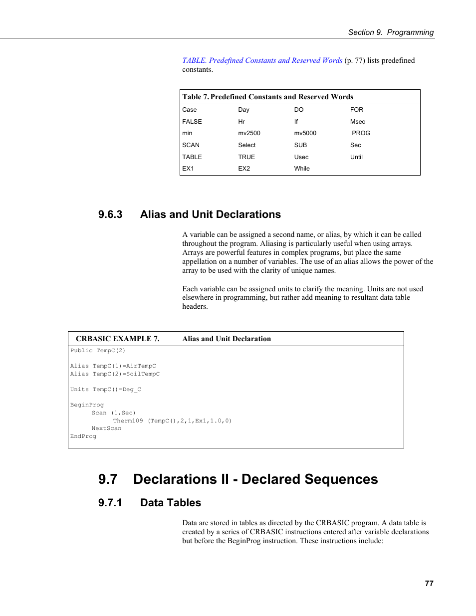 3 alias and unit declarations, 7 declarations ii - declared sequences, 1 data tables | Table 7. predefined constants and reserved words, Crbasic example 7. alias and unit declaration | Campbell Scientific CR200/CR200X-series Dataloggers User Manual | Page 89 / 208