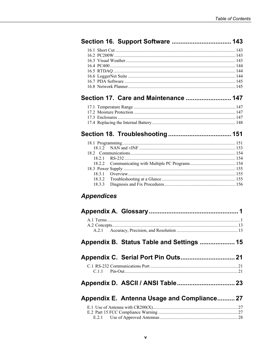 Support software, Care and maintenance, Troubleshooting | Appendices appendix a. glossary | Campbell Scientific CR200/CR200X-series Dataloggers User Manual | Page 9 / 208