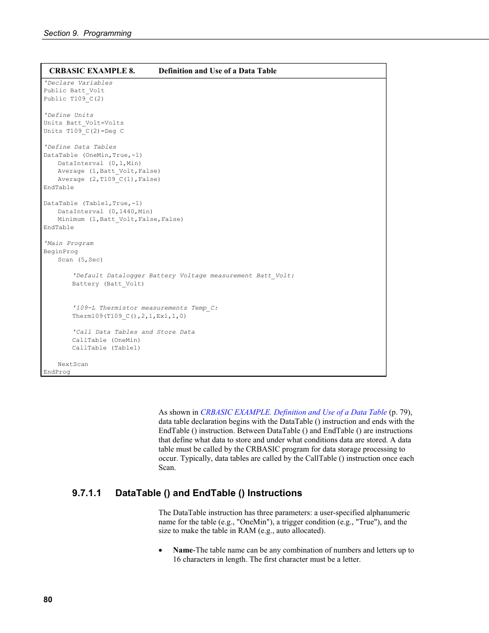 1 datatable () and endtable () instructions | Campbell Scientific CR200/CR200X-series Dataloggers User Manual | Page 92 / 208