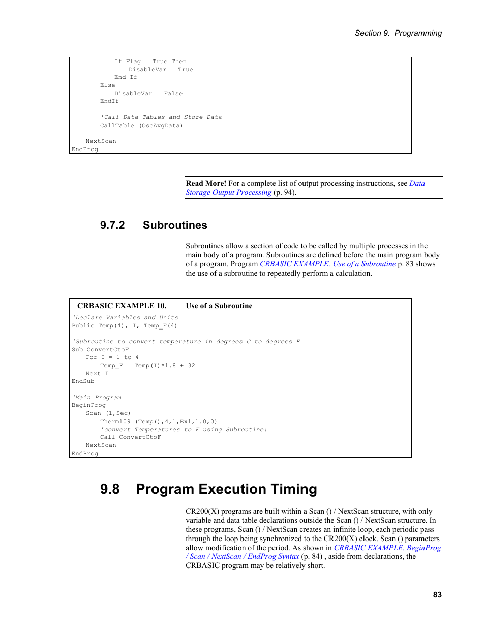 2 subroutines, 8 program execution timing, Crbasic example 10. use of a subroutine | Campbell Scientific CR200/CR200X-series Dataloggers User Manual | Page 95 / 208
