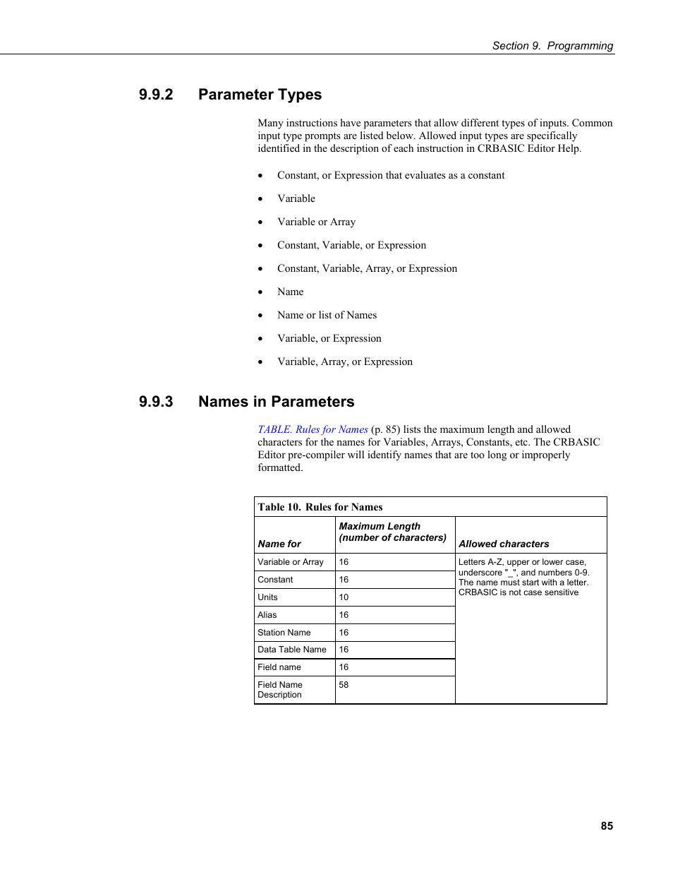 2 parameter types, 3 names in parameters, Table 10. rules for names | Campbell Scientific CR200/CR200X-series Dataloggers User Manual | Page 97 / 208