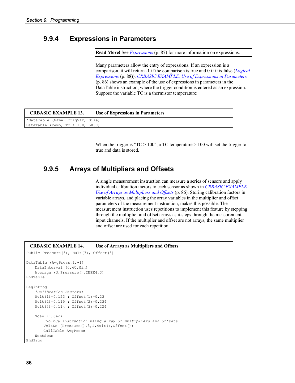 4 expressions in parameters, 5 arrays of multipliers and offsets | Campbell Scientific CR200/CR200X-series Dataloggers User Manual | Page 98 / 208