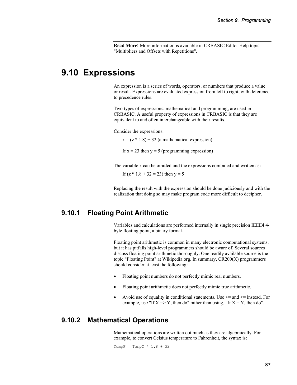 10 expressions, 1 floating point arithmetic, 2 mathematical operations | Campbell Scientific CR200/CR200X-series Dataloggers User Manual | Page 99 / 208