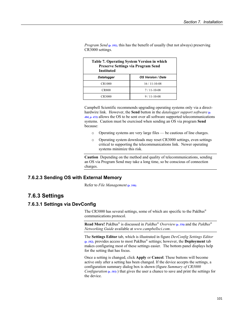 3 sending os with external memory, 3 settings, 1 settings via devconfig | Program send instituted | Campbell Scientific CR3000 Micrologger User Manual | Page 101 / 590