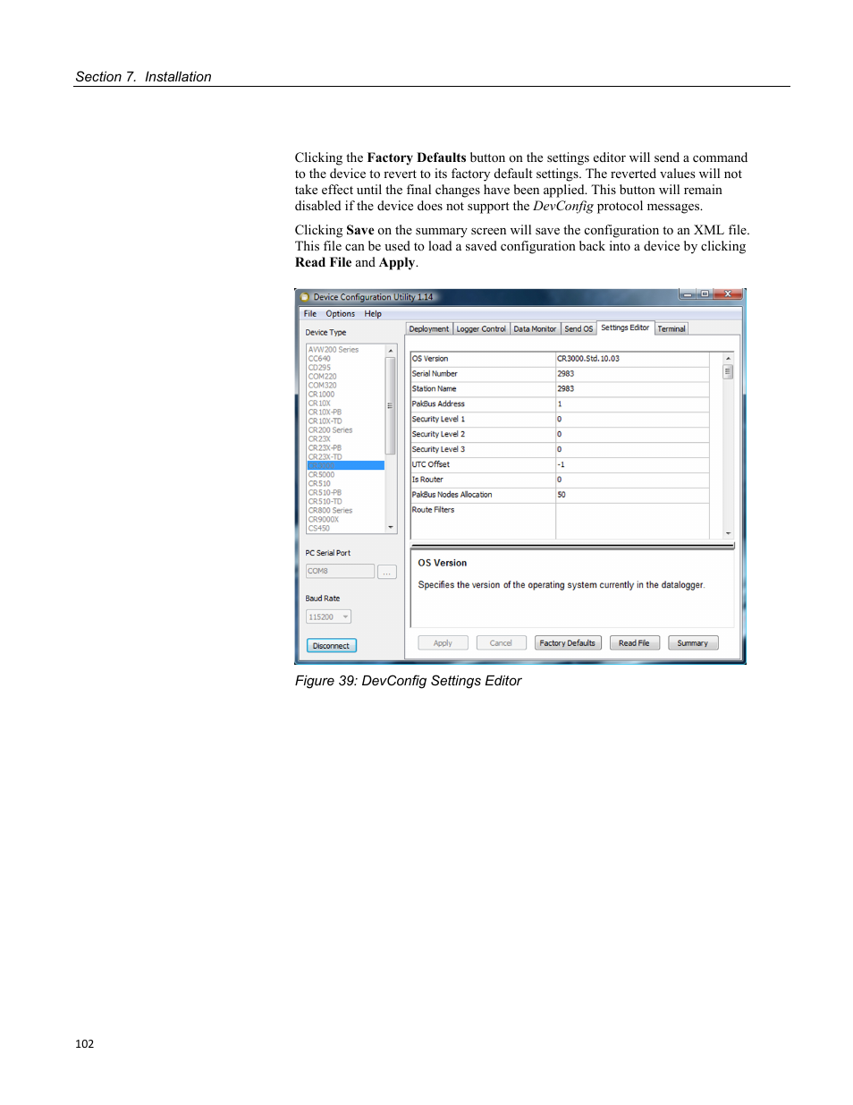 Figure 39: devconfig settings editor | Campbell Scientific CR3000 Micrologger User Manual | Page 102 / 590