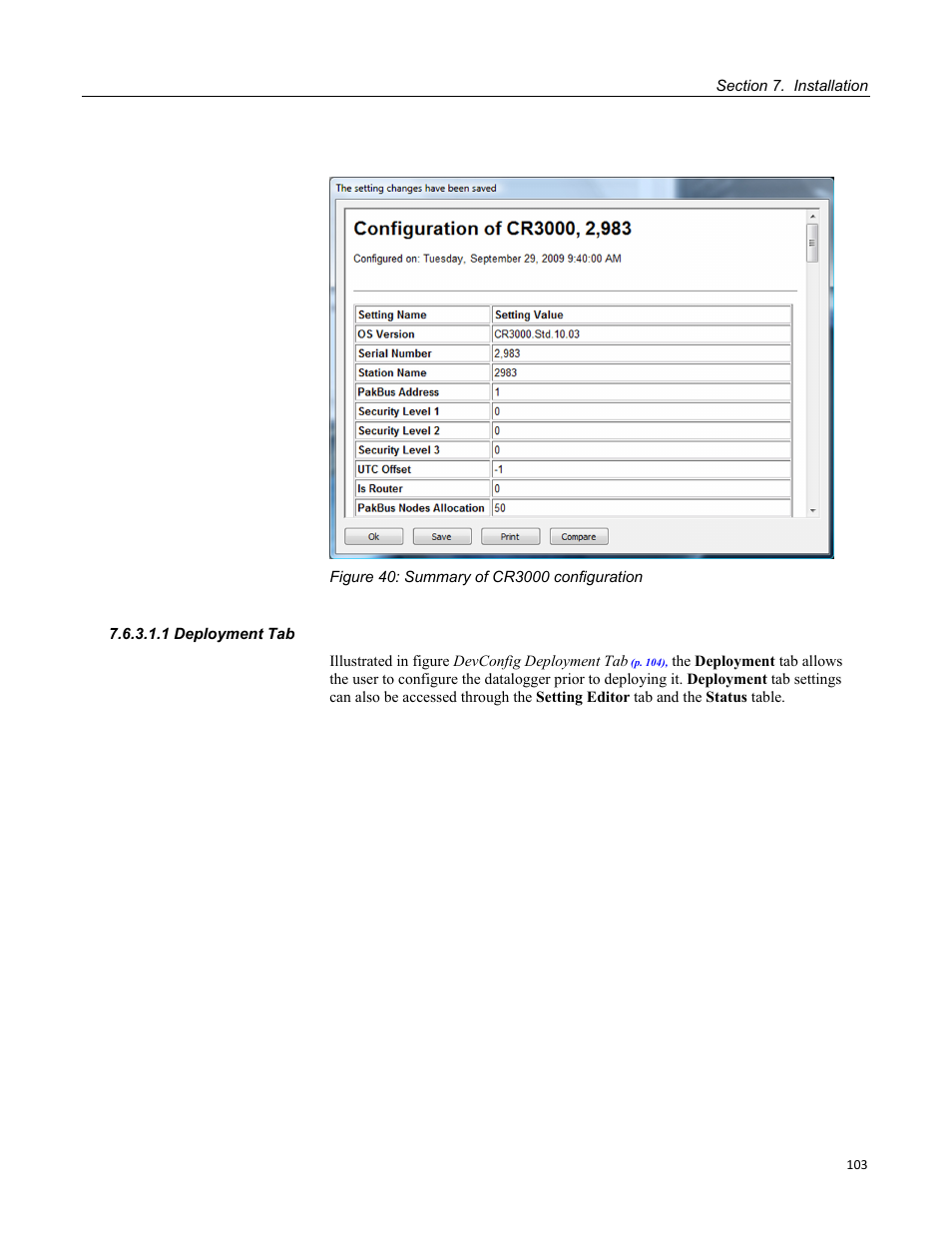 1 deployment tab, Figure 40: summary of cr3000 configuration | Campbell Scientific CR3000 Micrologger User Manual | Page 103 / 590