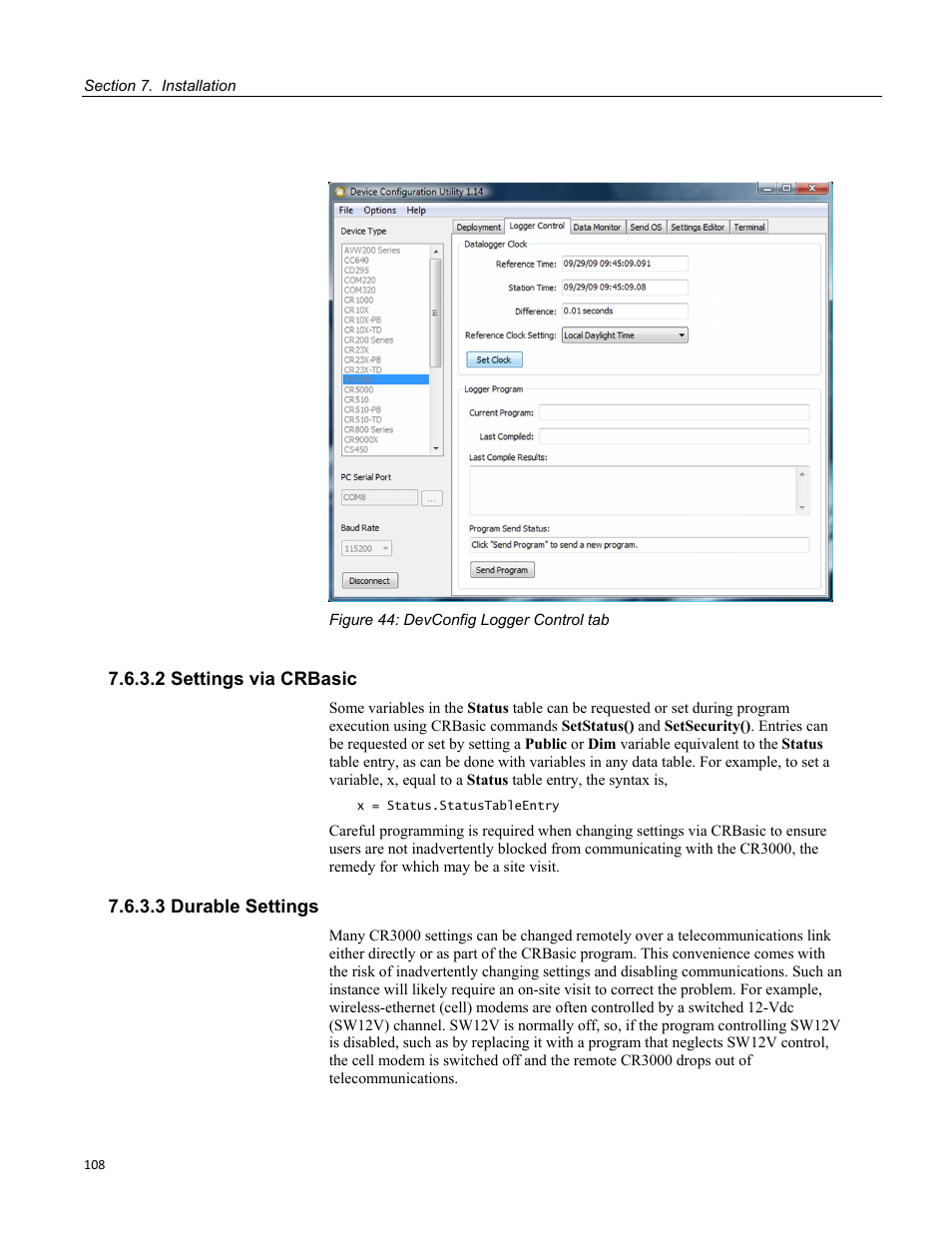 2 settings via crbasic, 3 durable settings, Figure 44: devconfig logger control tab | Campbell Scientific CR3000 Micrologger User Manual | Page 108 / 590