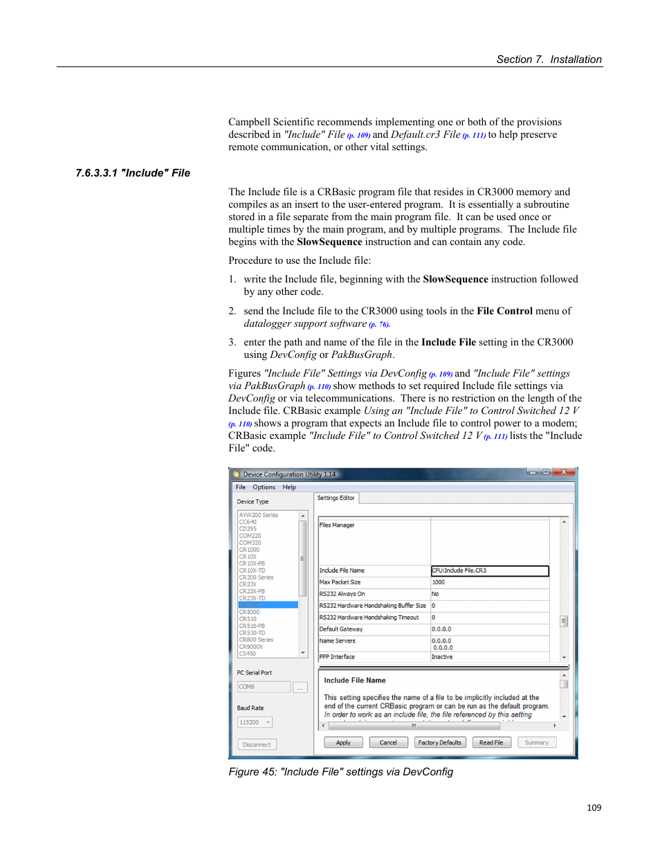 1 "include" file, Figure 45: "include file" settings via devconfig | Campbell Scientific CR3000 Micrologger User Manual | Page 109 / 590