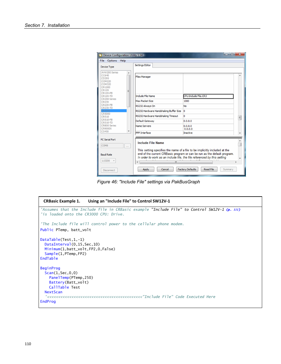 Figure 46: "include file" settings via pakbusgraph | Campbell Scientific CR3000 Micrologger User Manual | Page 110 / 590