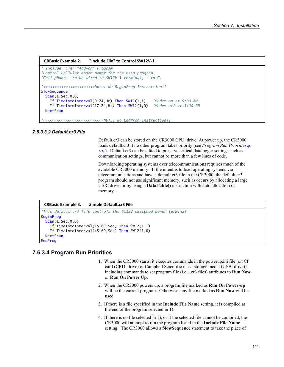 2 default.cr3 file, 4 program run priorities | Campbell Scientific CR3000 Micrologger User Manual | Page 111 / 590