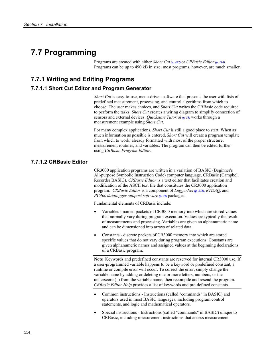 7 programming, 1 writing and editing programs, 1 short cut editor and program generator | 2 crbasic editor | Campbell Scientific CR3000 Micrologger User Manual | Page 114 / 590