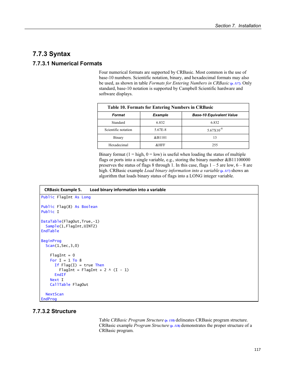 3 syntax, 1 numerical formats, 2 structure | Table 10. formats for entering numbers in crbasic | Campbell Scientific CR3000 Micrologger User Manual | Page 117 / 590