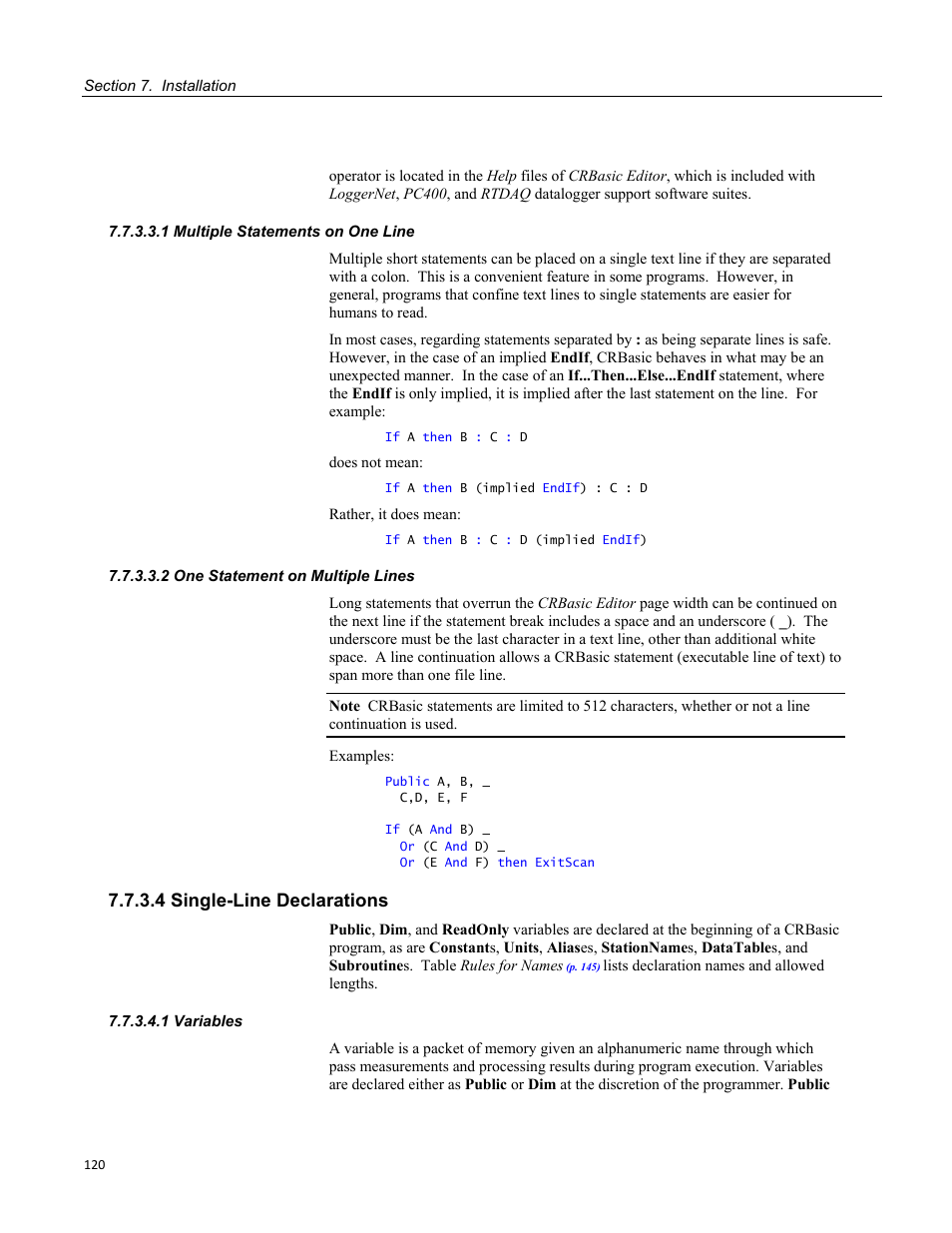 1 multiple statements on one line, 2 one statement on multiple lines, 4 single-line declarations | 1 variables | Campbell Scientific CR3000 Micrologger User Manual | Page 120 / 590