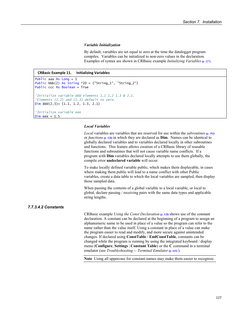 2 constants, Crbasic example 11. initializing variables | Campbell Scientific CR3000 Micrologger User Manual | Page 127 / 590