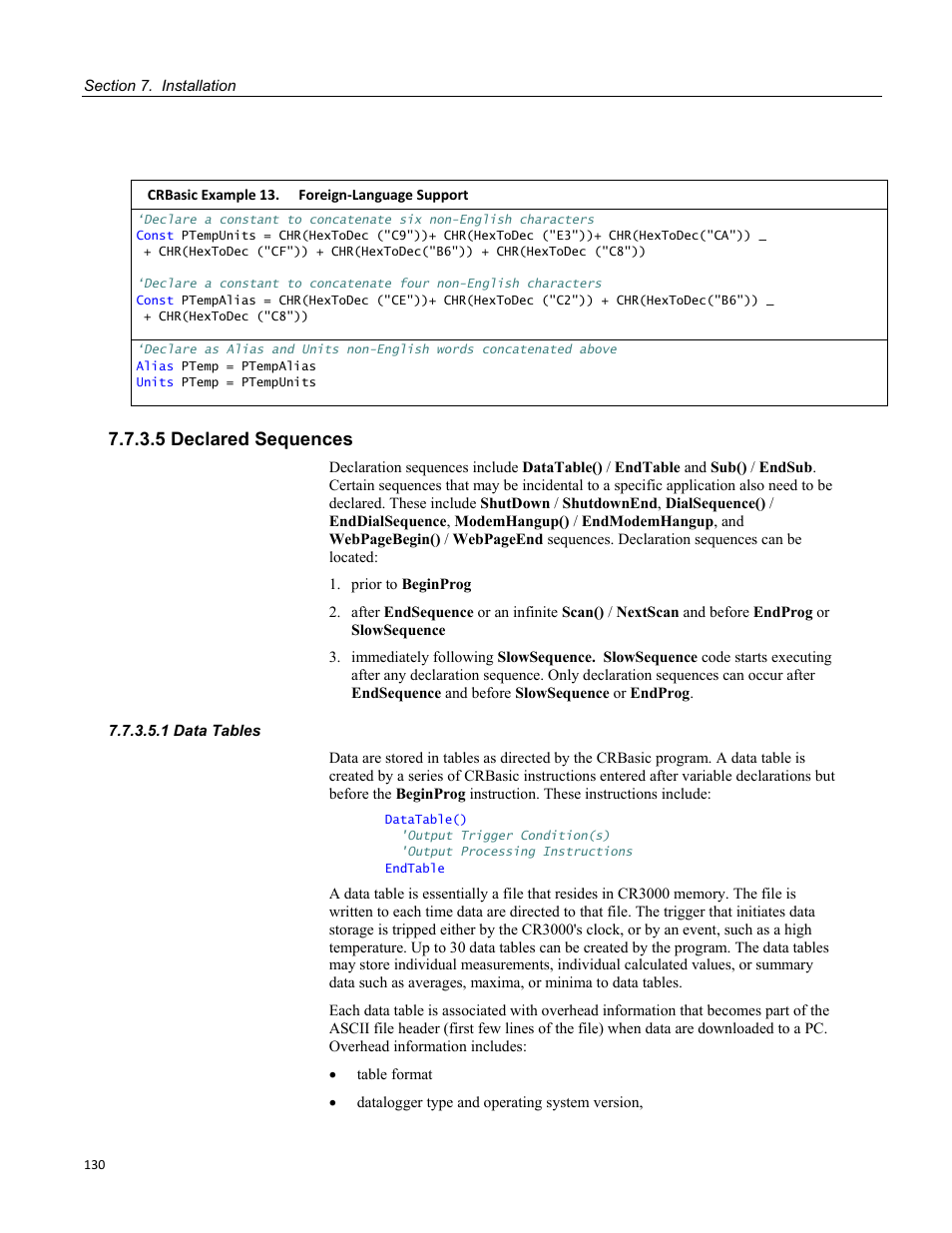 5 declared sequences, 1 data tables, Crbasic example 13. foreign-language support | Campbell Scientific CR3000 Micrologger User Manual | Page 130 / 590