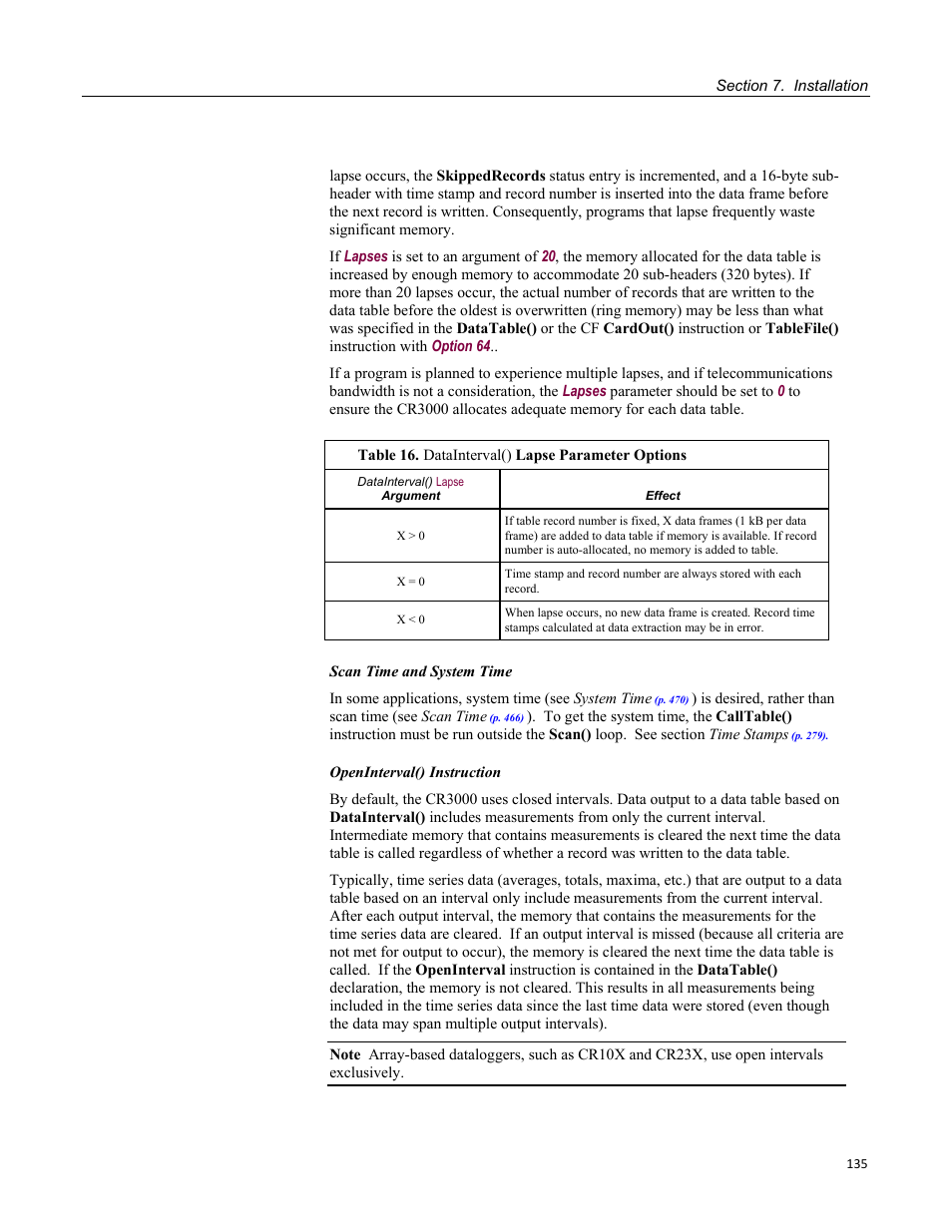 Table 16. datainterval() lapse parameter options | Campbell Scientific CR3000 Micrologger User Manual | Page 135 / 590