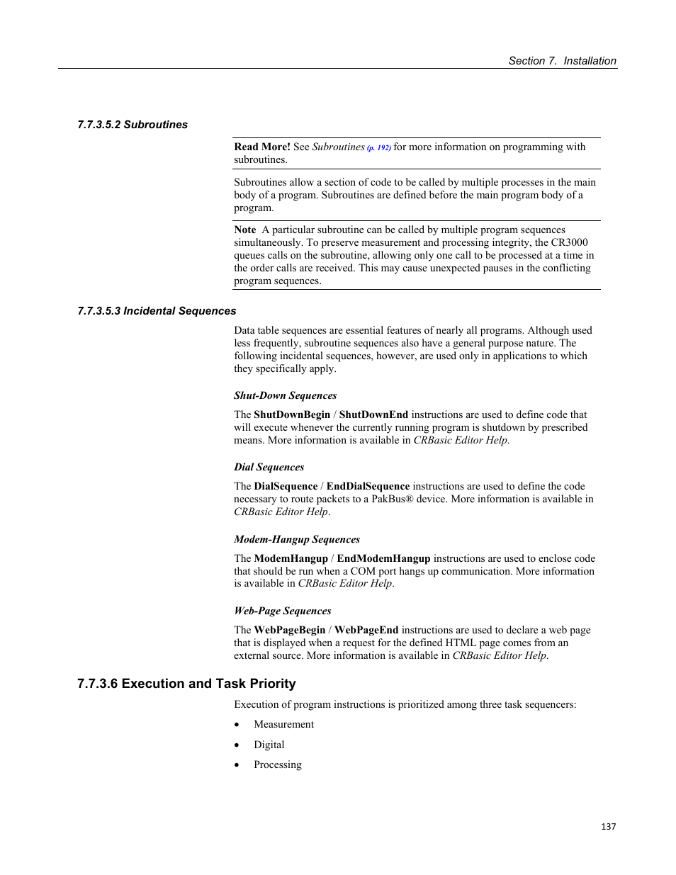 2 subroutines, 3 incidental sequences, 6 execution and task priority | Campbell Scientific CR3000 Micrologger User Manual | Page 137 / 590