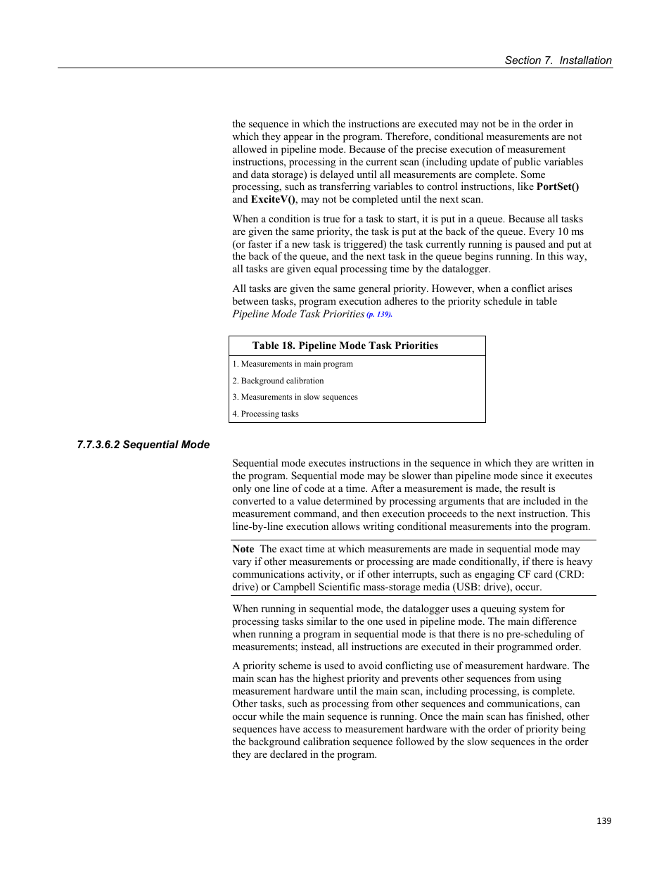 2 sequential mode, Table 18. pipeline mode task priorities | Campbell Scientific CR3000 Micrologger User Manual | Page 139 / 590