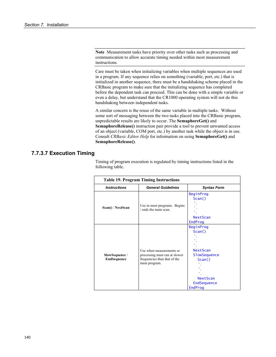 7 execution timing, Table 19. program timing instructions | Campbell Scientific CR3000 Micrologger User Manual | Page 140 / 590