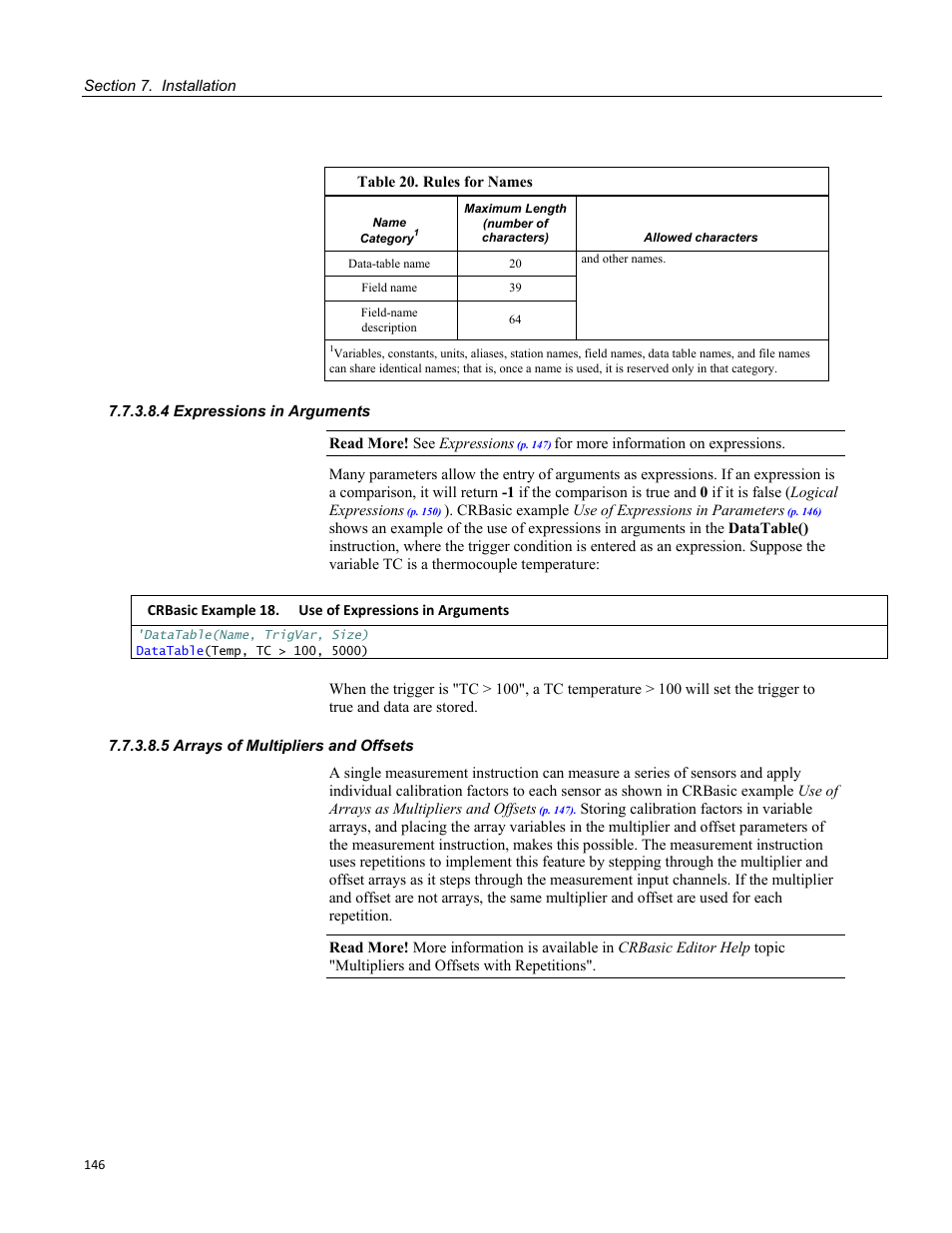 4 expressions in arguments, 5 arrays of multipliers and offsets | Campbell Scientific CR3000 Micrologger User Manual | Page 146 / 590