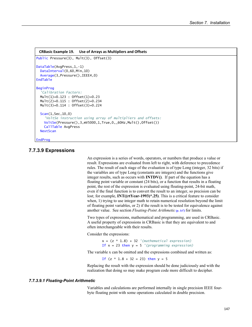 9 expressions, 1 floating-point arithmetic | Campbell Scientific CR3000 Micrologger User Manual | Page 147 / 590