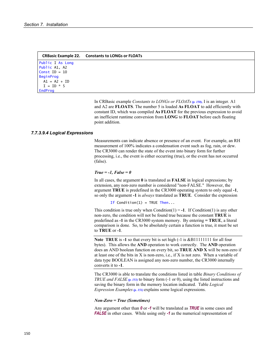 4 logical expressions, Crbasic example 22. constants to longs or floats | Campbell Scientific CR3000 Micrologger User Manual | Page 150 / 590
