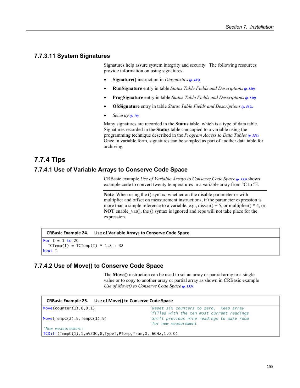 11 system signatures, 4 tips, 1 use of variable arrays to conserve code space | 2 use of move() to conserve code space | Campbell Scientific CR3000 Micrologger User Manual | Page 155 / 590