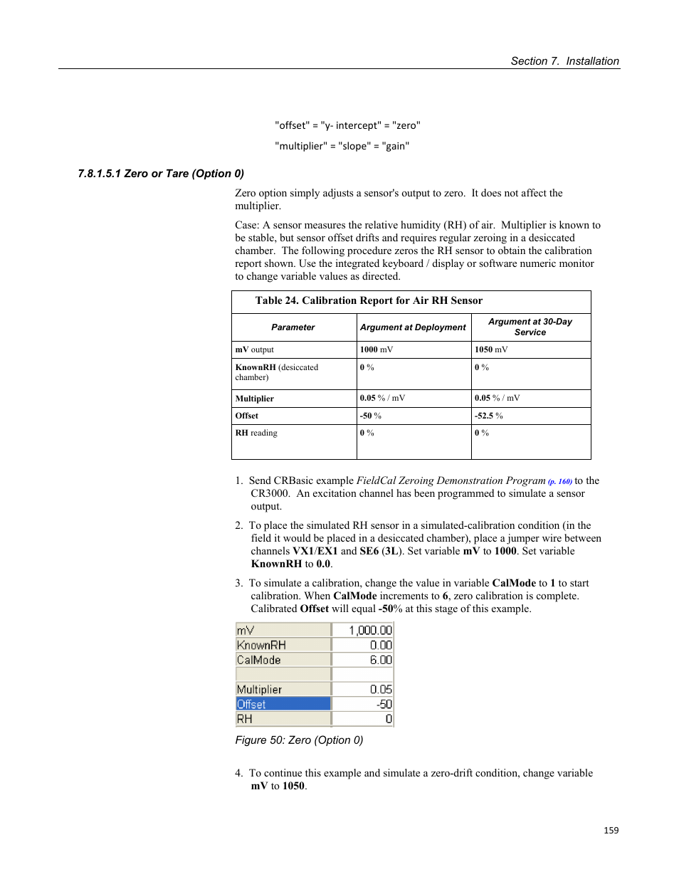 1 zero or tare (option 0), Figure 50: zero (option 0), Table 24. calibration report for air rh sensor | Campbell Scientific CR3000 Micrologger User Manual | Page 159 / 590