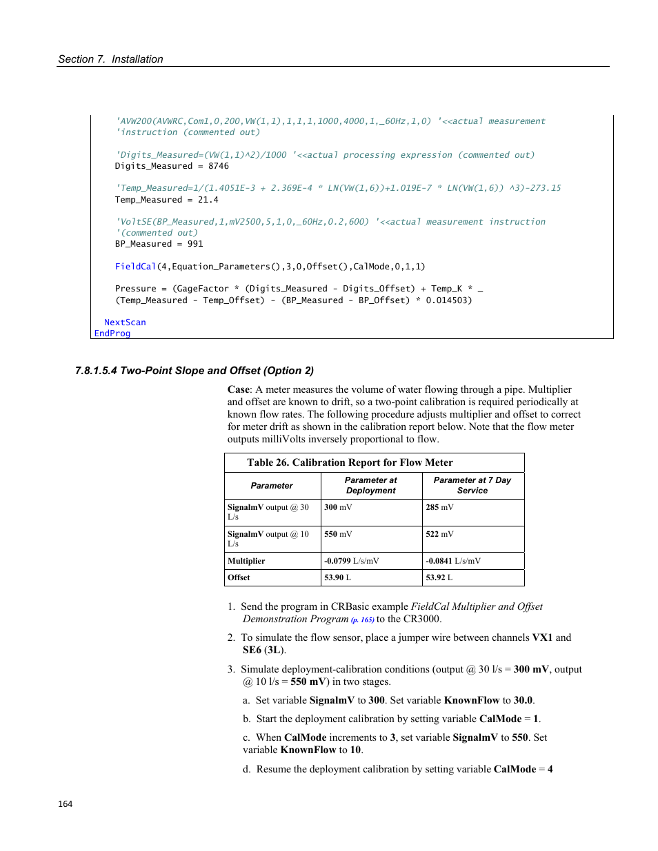 4 two-point slope and offset (option 2), Table 26. calibration report for flow meter | Campbell Scientific CR3000 Micrologger User Manual | Page 164 / 590