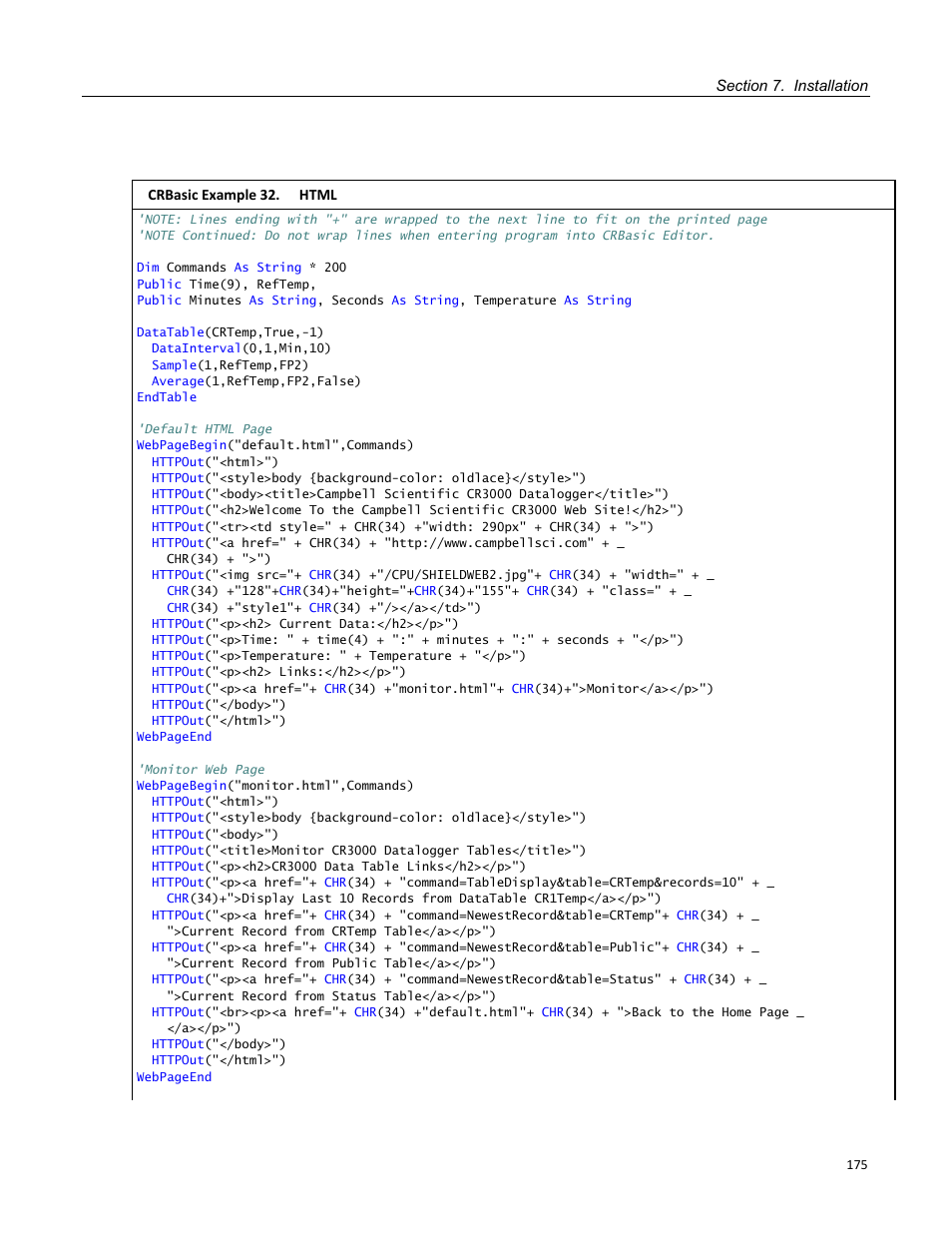 Crbasic example 32. html | Campbell Scientific CR3000 Micrologger User Manual | Page 175 / 590