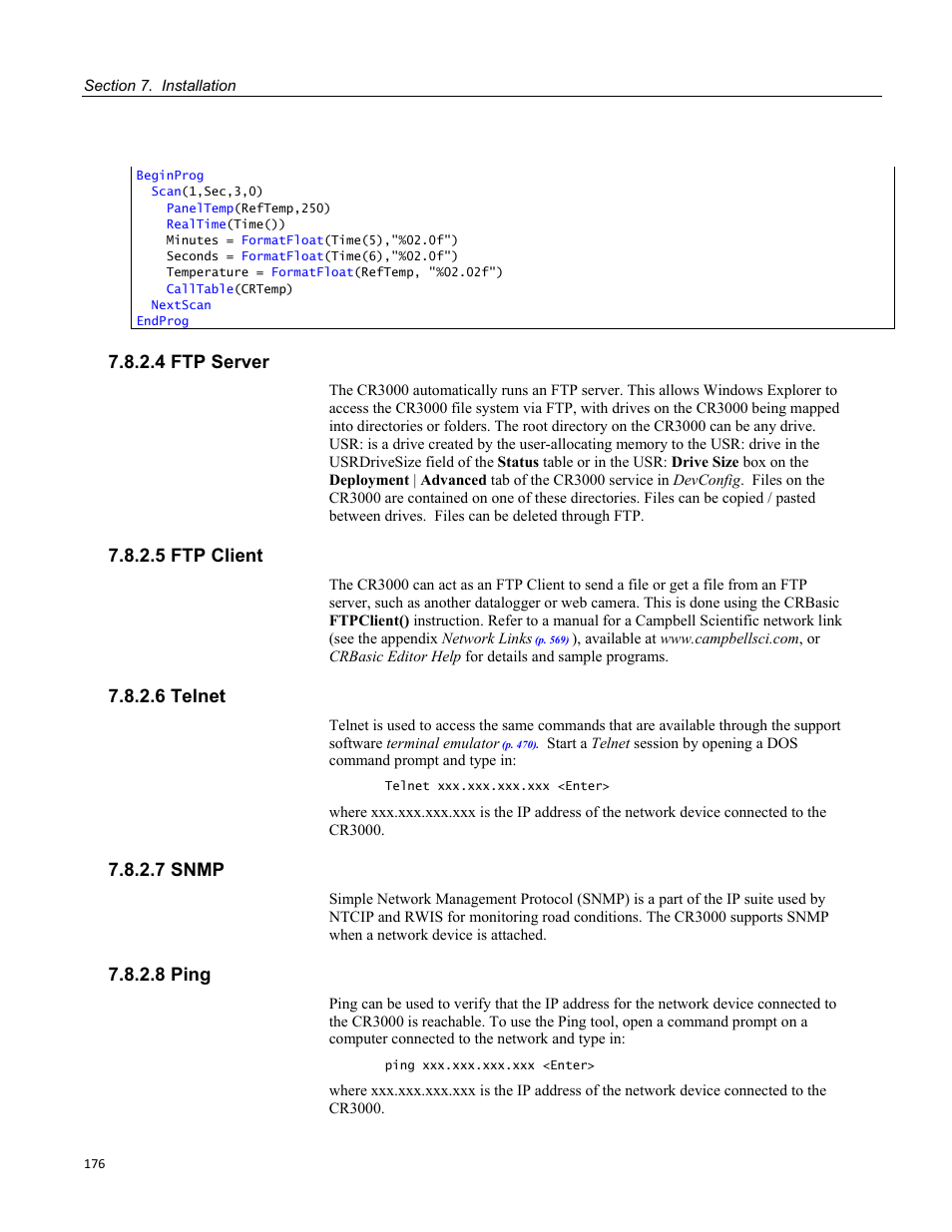 4 ftp server, 5 ftp client, 6 telnet | 7 snmp, 8 ping | Campbell Scientific CR3000 Micrologger User Manual | Page 176 / 590