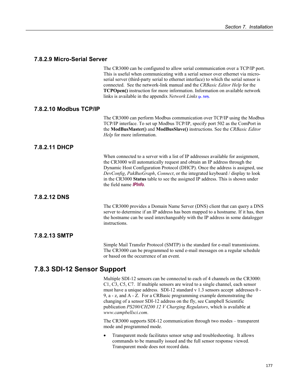 9 micro-serial server, 10 modbus tcp/ip, 11 dhcp | 12 dns, 13 smtp, 3 sdi-12 sensor support | Campbell Scientific CR3000 Micrologger User Manual | Page 177 / 590