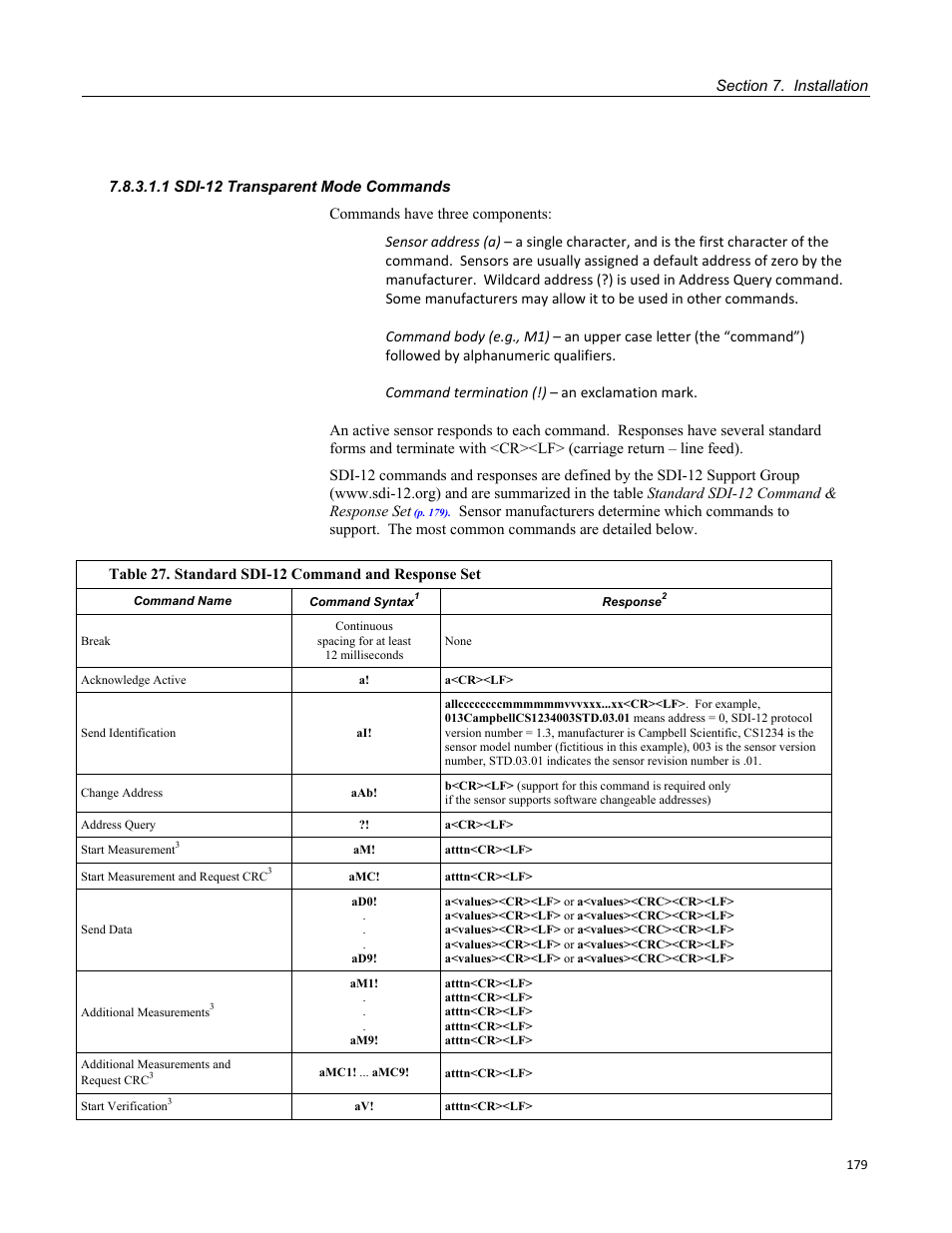 1 sdi-12 transparent mode commands, Table 27. standard sdi-12 command and response set | Campbell Scientific CR3000 Micrologger User Manual | Page 179 / 590