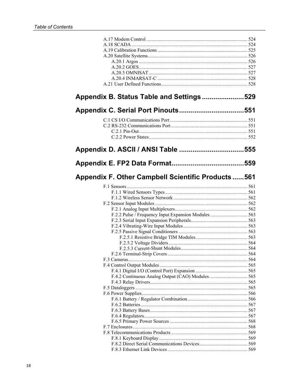 Appendix b. status table and settings, Appendix c. serial port pinouts, Appendix d. ascii / ansi table | Appendix e. fp2 data format, Appendix f. other campbell scientific products | Campbell Scientific CR3000 Micrologger User Manual | Page 18 / 590